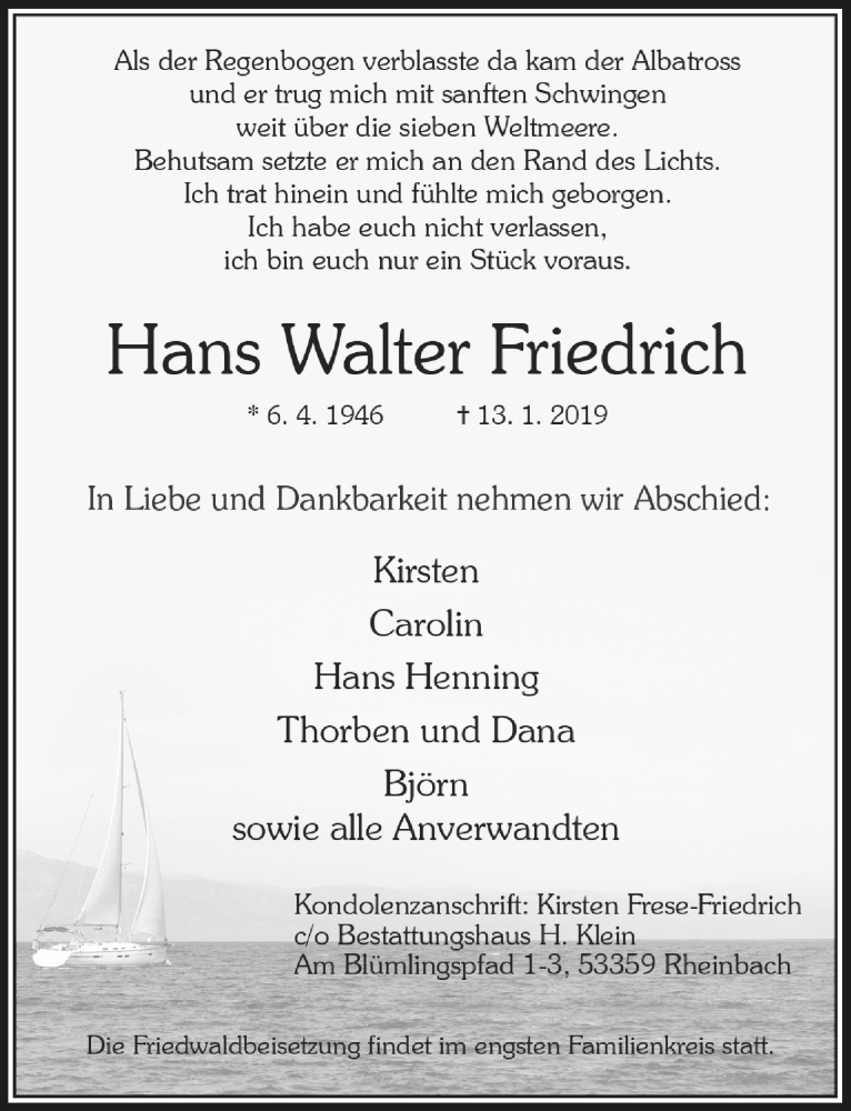  Traueranzeige für Hans Walter Friedrich vom 23.01.2019 aus  Schaufenster/Blickpunkt 