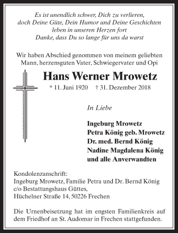 Anzeige von Hans Werner Mrowetz von  Wochenende 