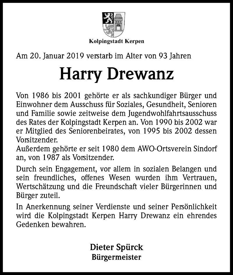  Traueranzeige für Harry Drewanz vom 30.01.2019 aus Kölner Stadt-Anzeiger / Kölnische Rundschau / Express