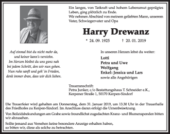 Anzeige von Harry Drewanz von  Sonntags-Post 