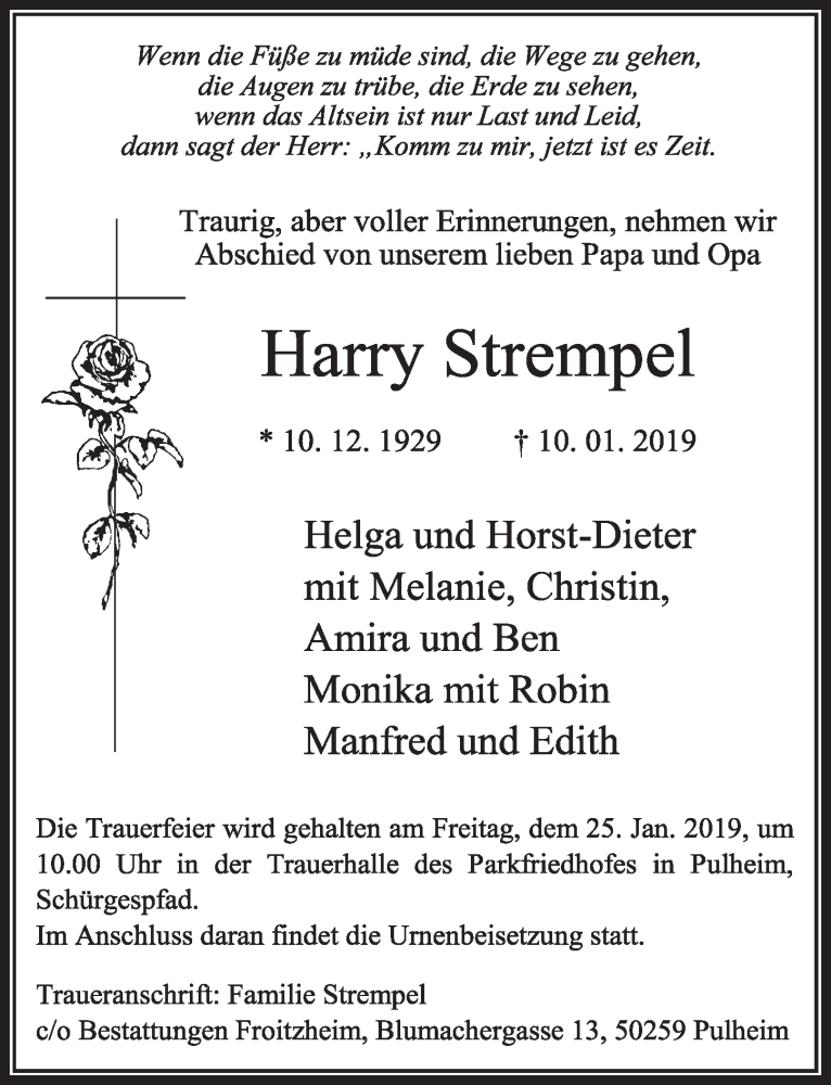  Traueranzeige für Harry Strempel vom 19.01.2019 aus  Sonntags-Post 