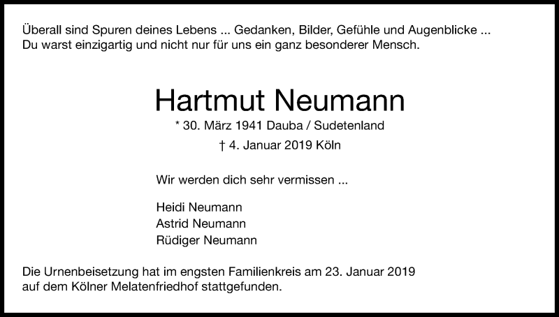  Traueranzeige für Hartmut Neumann vom 26.01.2019 aus Kölner Stadt-Anzeiger / Kölnische Rundschau / Express