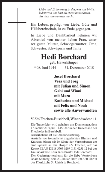 Anzeige von Hedi Borchard von  Wochenende 