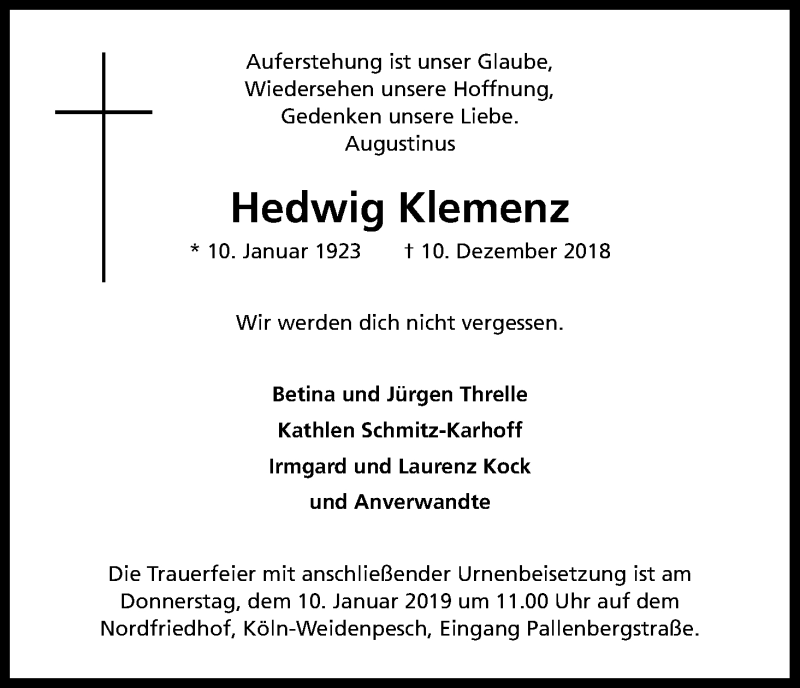  Traueranzeige für Hedwig Klemenz vom 05.01.2019 aus Kölner Stadt-Anzeiger / Kölnische Rundschau / Express