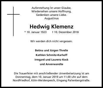 Anzeige von Hedwig Klemenz von Kölner Stadt-Anzeiger / Kölnische Rundschau / Express