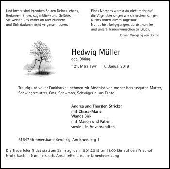 Anzeige von Hedwig Müller von Kölner Stadt-Anzeiger / Kölnische Rundschau / Express