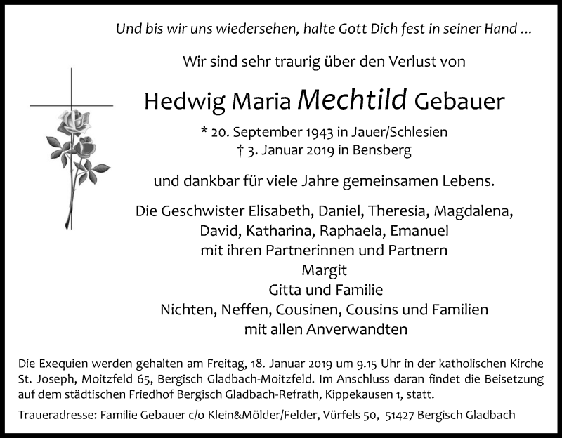  Traueranzeige für Mechtild Gebauer vom 16.01.2019 aus Kölner Stadt-Anzeiger / Kölnische Rundschau / Express