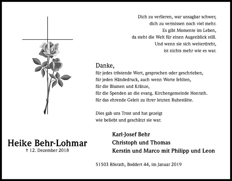  Traueranzeige für Heike Behr-Lohmar vom 26.01.2019 aus Kölner Stadt-Anzeiger / Kölnische Rundschau / Express
