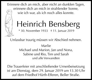 Anzeige von Heinrich Bensberg von  Wochenende 