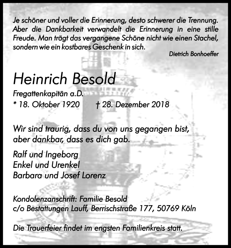  Traueranzeige für Heinrich Besold vom 12.01.2019 aus Kölner Stadt-Anzeiger / Kölnische Rundschau / Express