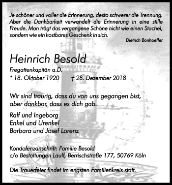Anzeige von Heinrich Besold von Kölner Stadt-Anzeiger / Kölnische Rundschau / Express