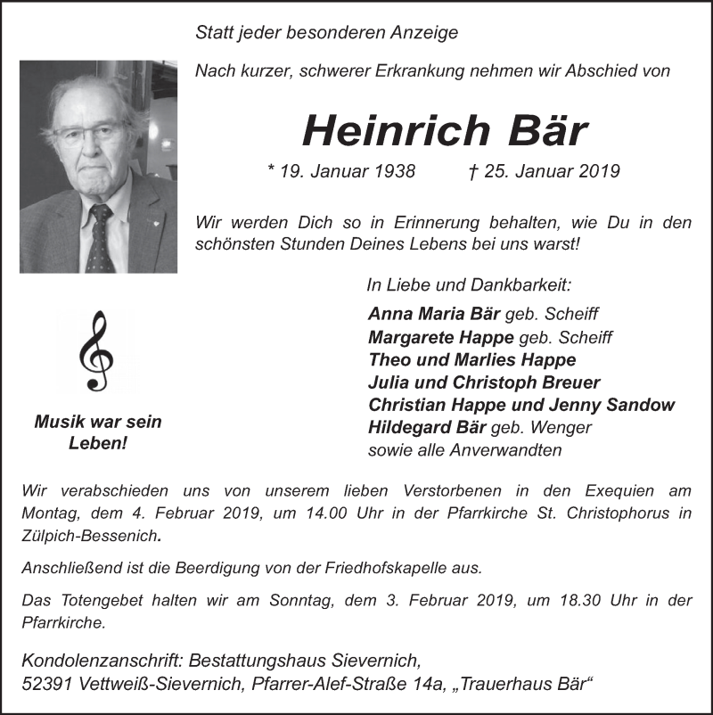  Traueranzeige für Heinrich Bär vom 30.01.2019 aus  Werbepost 