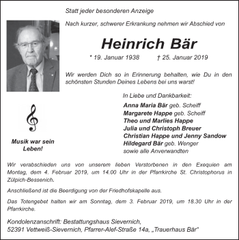 Anzeige von Heinrich Bär von  Werbepost 