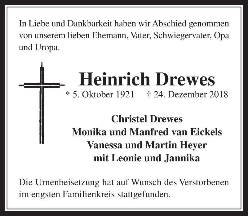  Traueranzeige für Heinrich Drewes vom 23.01.2019 aus  Werbepost 