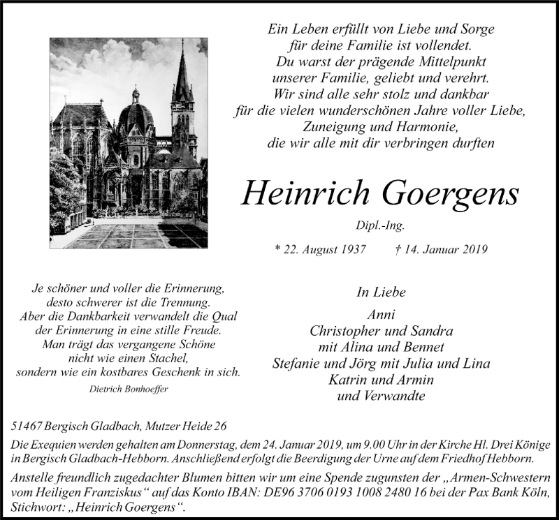  Traueranzeige für Heinrich Goergens vom 19.01.2019 aus  Bergisches Sonntagsblatt 