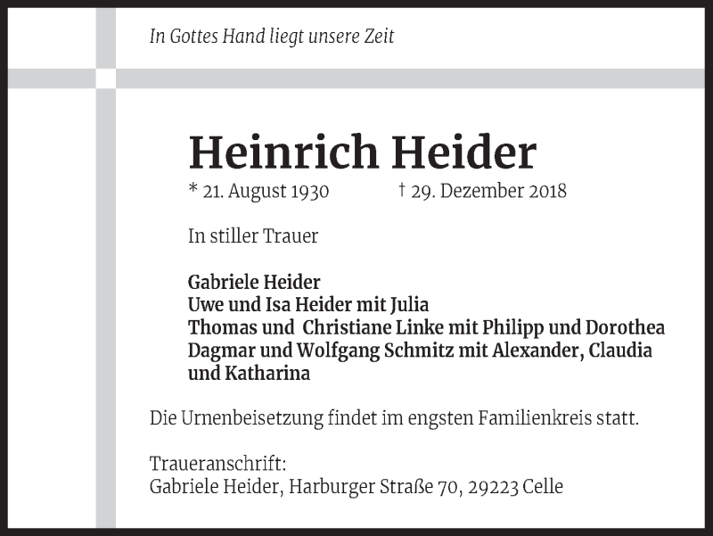  Traueranzeige für Heinrich Heider vom 16.01.2019 aus Kölner Stadt-Anzeiger / Kölnische Rundschau / Express