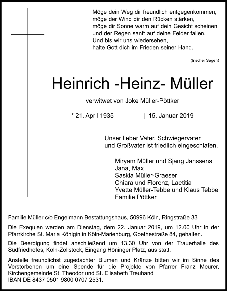  Traueranzeige für Heinrich-Heinz Müller vom 19.01.2019 aus Kölner Stadt-Anzeiger / Kölnische Rundschau / Express