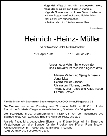 Anzeige von Heinrich-Heinz Müller von Kölner Stadt-Anzeiger / Kölnische Rundschau / Express