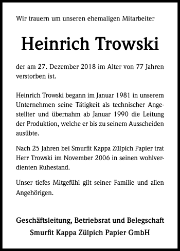 Anzeige von Heinrich Trowski von Kölner Stadt-Anzeiger / Kölnische Rundschau / Express