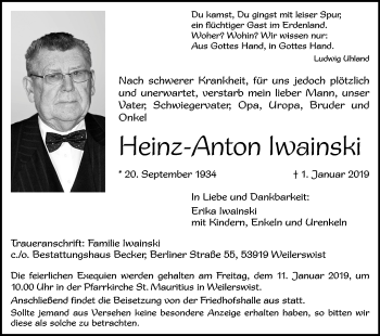 Anzeige von Heinz-Anton lwainski von Kölner Stadt-Anzeiger / Kölnische Rundschau / Express