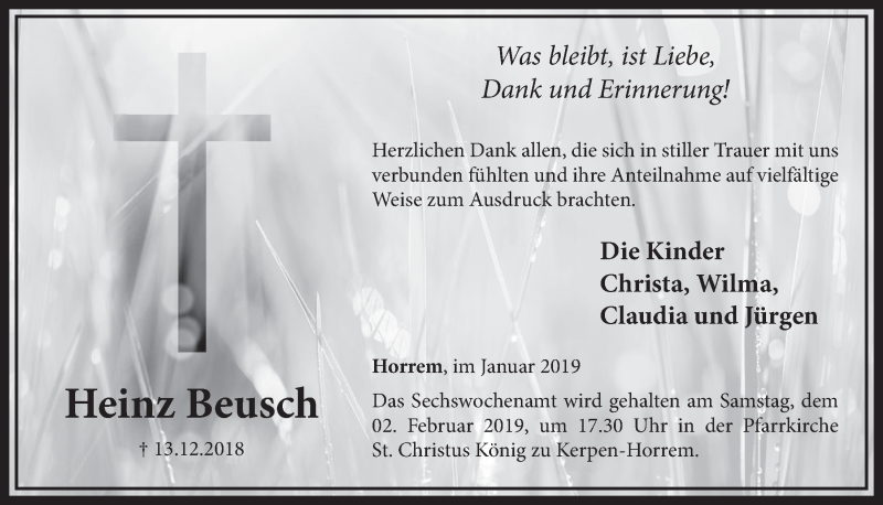  Traueranzeige für Heinz Beusch vom 19.01.2019 aus  Sonntags-Post 