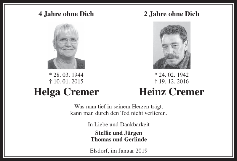  Traueranzeige für Heinz Cremer vom 09.01.2019 aus  Werbepost 
