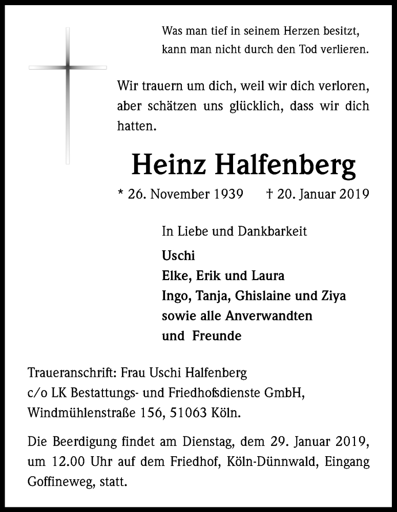  Traueranzeige für Heinz Halfenberg vom 26.01.2019 aus Kölner Stadt-Anzeiger / Kölnische Rundschau / Express