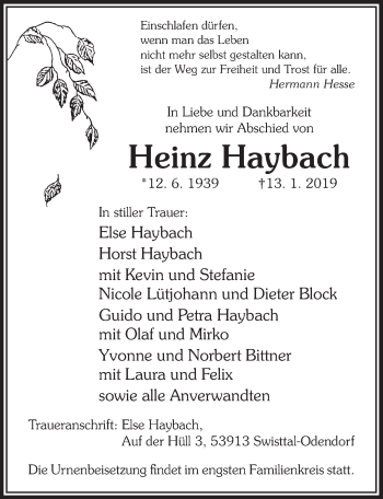 Anzeige von Heinz Haybach von  Schaufenster/Blickpunkt 