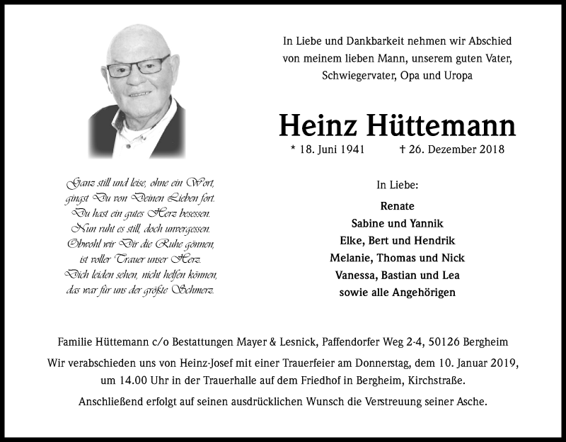  Traueranzeige für Heinz Hüttemann vom 05.01.2019 aus Kölner Stadt-Anzeiger / Kölnische Rundschau / Express