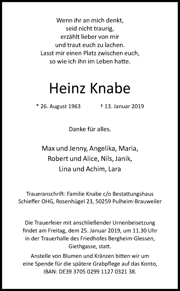  Traueranzeige für Heinz Knabe vom 19.01.2019 aus Kölner Stadt-Anzeiger / Kölnische Rundschau / Express