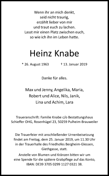 Anzeige von Heinz Knabe von Kölner Stadt-Anzeiger / Kölnische Rundschau / Express
