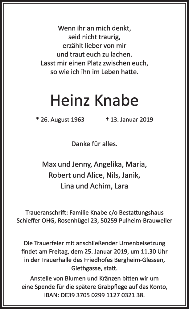  Traueranzeige für Heinz Knabe vom 19.01.2019 aus  Sonntags-Post 