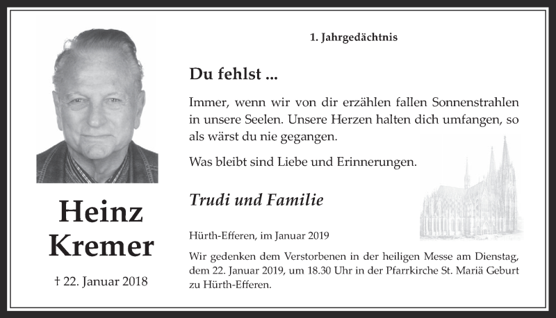  Traueranzeige für Heinz Kremer vom 16.01.2019 aus  Wochenende 