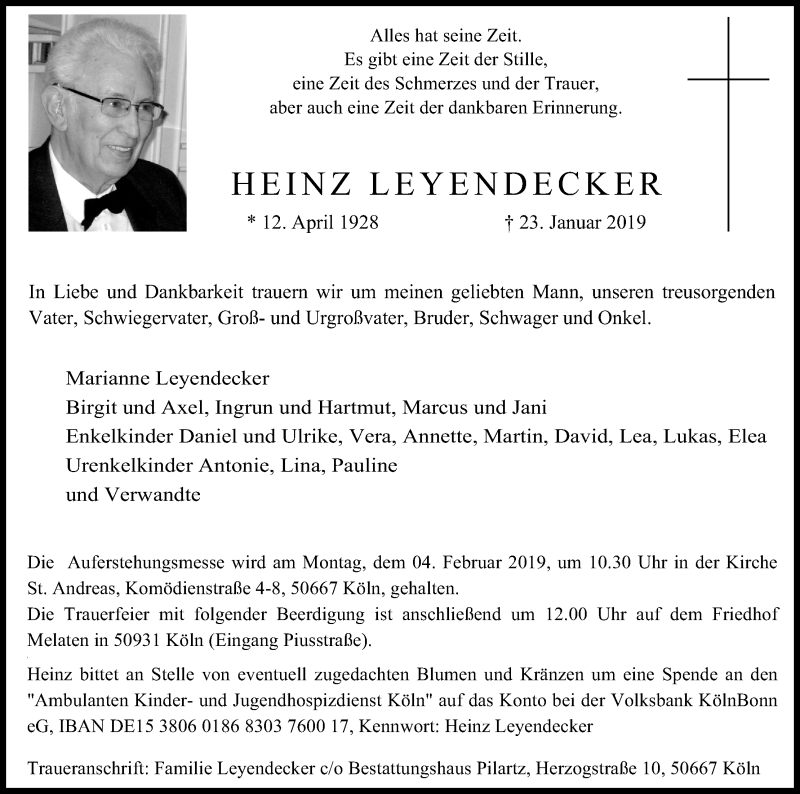  Traueranzeige für Heinz Leyendecker vom 30.01.2019 aus Kölner Stadt-Anzeiger / Kölnische Rundschau / Express