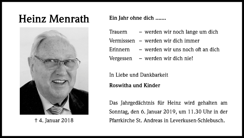  Traueranzeige für Heinz Menrath vom 05.01.2019 aus Kölner Stadt-Anzeiger / Kölnische Rundschau / Express