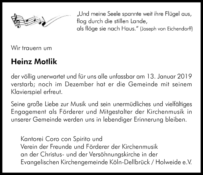  Traueranzeige für Heinz Motlik vom 26.01.2019 aus Kölner Stadt-Anzeiger / Kölnische Rundschau / Express