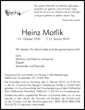 Anzeige von Heinz Motlik von Kölner Stadt-Anzeiger / Kölnische Rundschau / Express