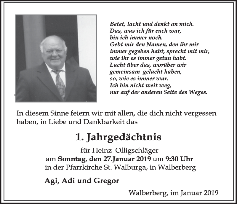  Traueranzeige für Heinz Olligschläger vom 23.01.2019 aus  Schlossbote/Werbekurier 