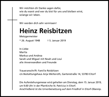 Anzeige von Heinz Reisbitzen von Kölner Stadt-Anzeiger / Kölnische Rundschau / Express