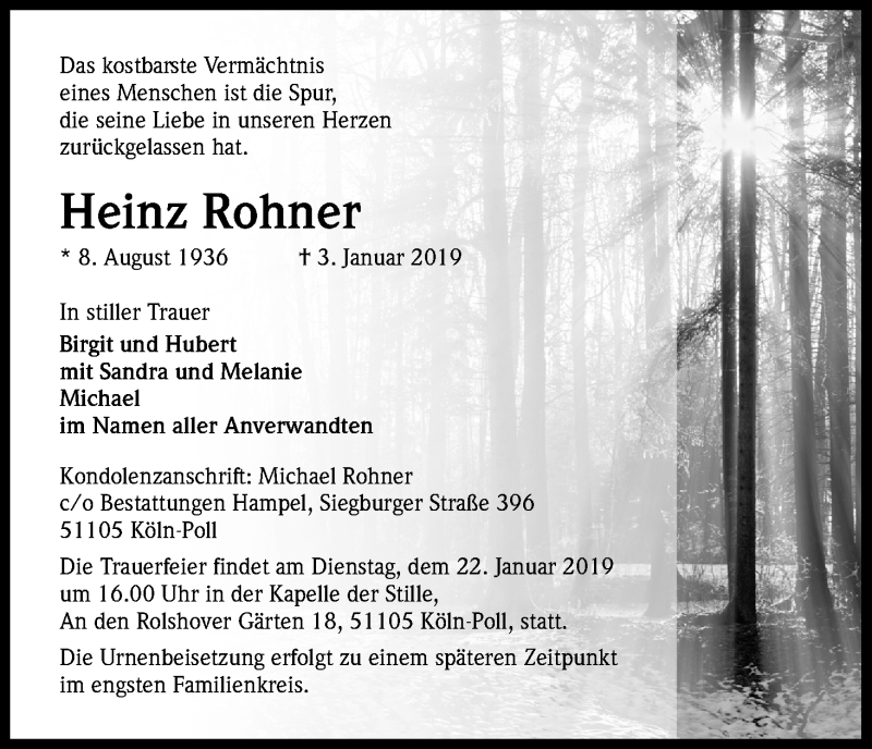  Traueranzeige für Heinz Rohner vom 19.01.2019 aus Kölner Stadt-Anzeiger / Kölnische Rundschau / Express