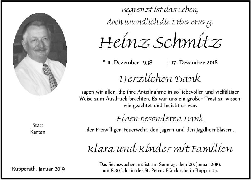  Traueranzeige für Heinz Schmitz vom 12.01.2019 aus  Blickpunkt Euskirchen 