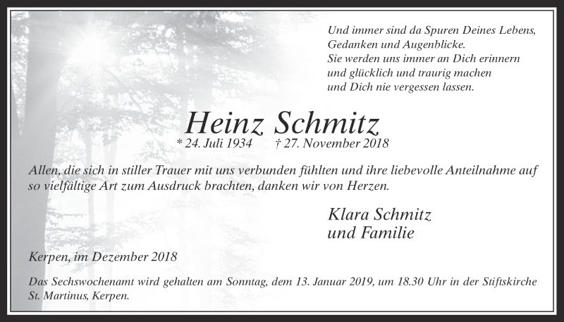  Traueranzeige für Heinz Schmitz vom 02.01.2019 aus  Werbepost 