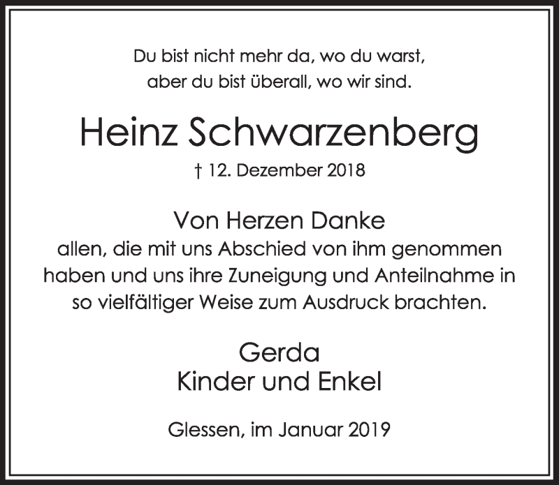  Traueranzeige für Heinz Schwarzenberg vom 19.01.2019 aus  Sonntags-Post 