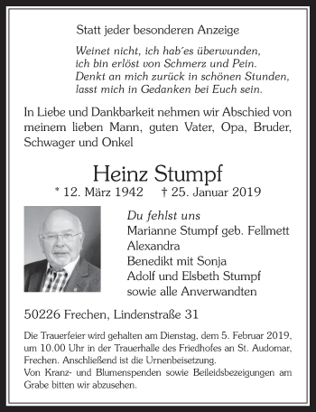 Anzeige von Heinz Stumpf von  Wochenende 