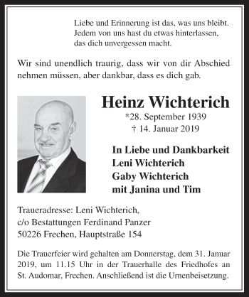 Anzeige von Heinz Wichterich von  Wochenende 