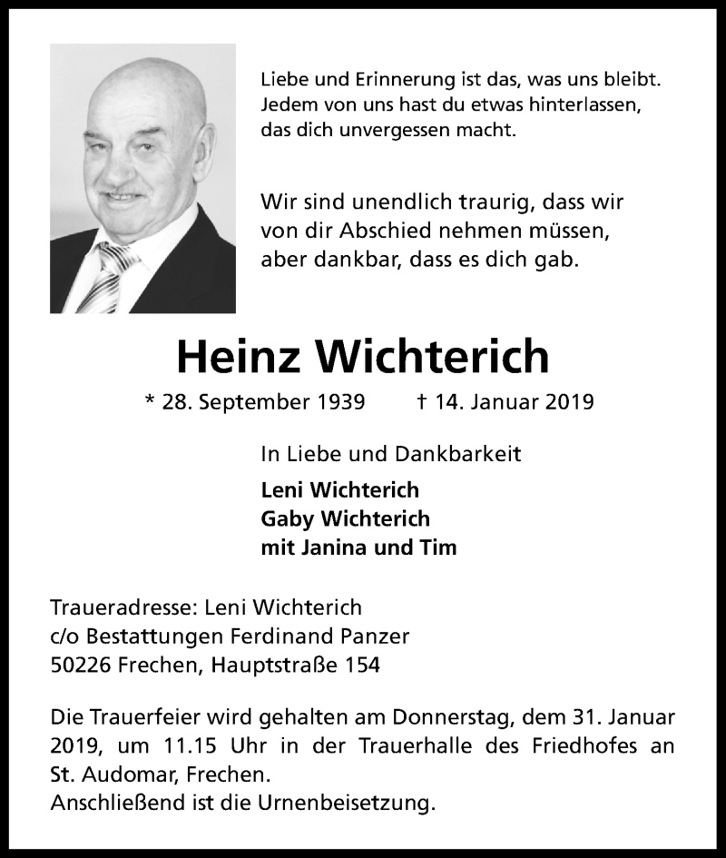  Traueranzeige für Heinz Wichterich vom 26.01.2019 aus Kölner Stadt-Anzeiger / Kölnische Rundschau / Express