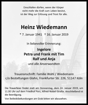 Anzeige von Heinz Wiedemann von  Kölner Wochenspiegel 