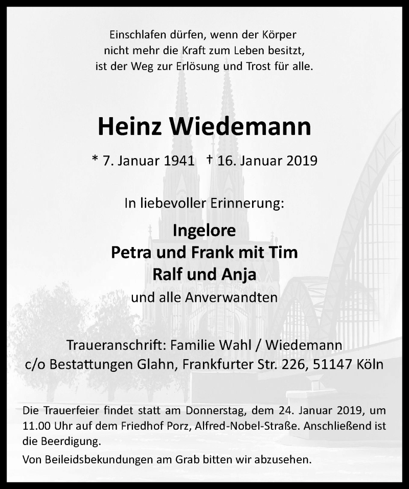  Traueranzeige für Heinz Wiedemann vom 23.01.2019 aus  Kölner Wochenspiegel 