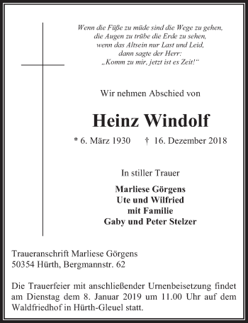 Anzeige von Heinz Windolf von  Wochenende 