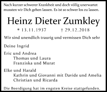 Anzeige von Heinz Dieter Zumkley von Kölner Stadt-Anzeiger / Kölnische Rundschau / Express